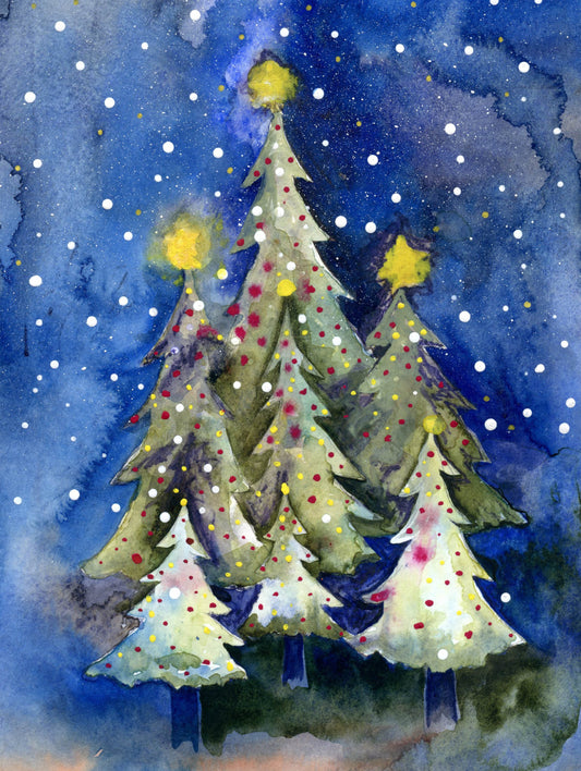 watercolour trees Christmas card